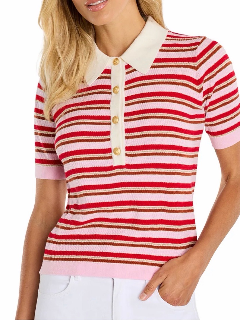 Noli Pink, Red And Brown Striped Short Sleeve Polo